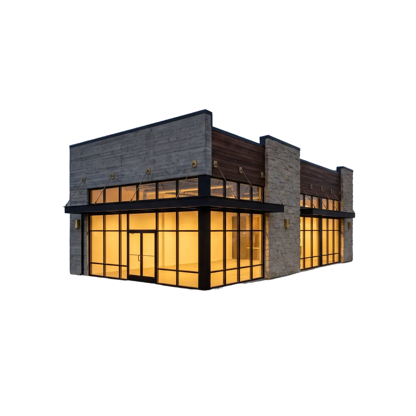 Elevated render of a modern commercial building