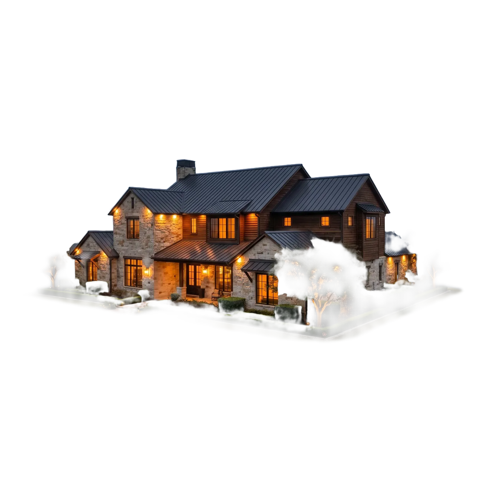Elevated render of a completed Summit Valley estate glowing at twilight