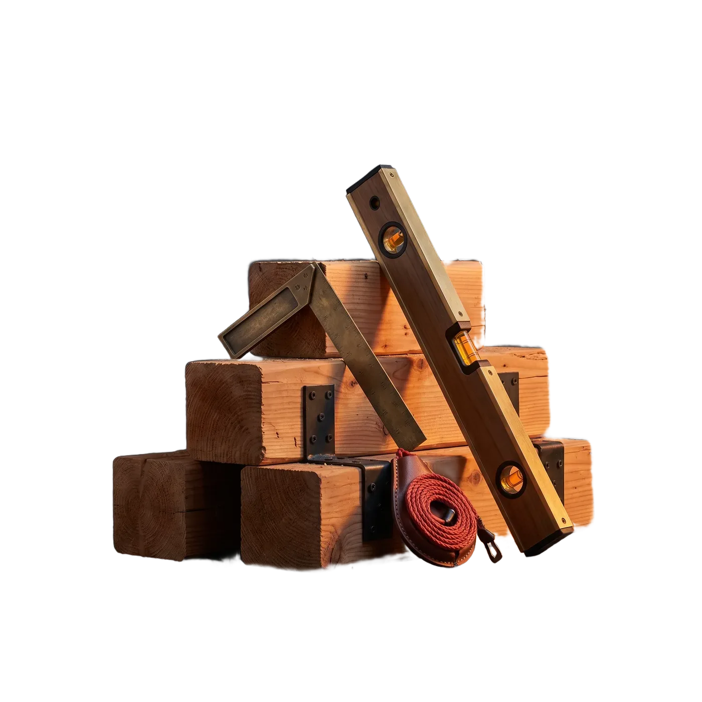 Sculptural still life of premium construction tools and cedar beams
