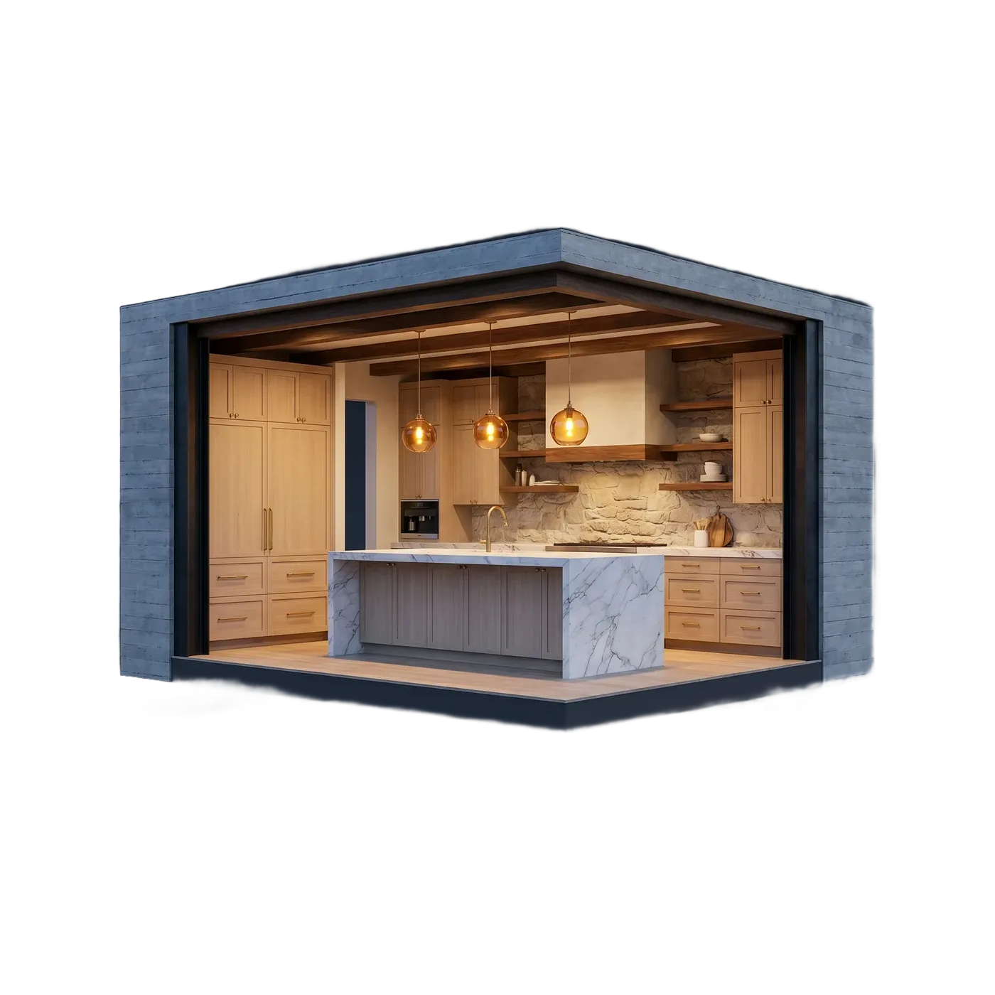 Elevated render of a remodeled luxury kitchen